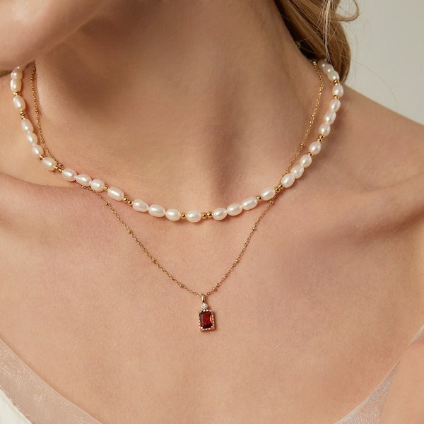 Double Layer Freshwater Pearl Necklace,14K Gold Ruby Necklace,July Birthstone Pendant Necklace,Gold Beaded Chain Choker,Mothers Day Gift