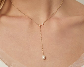 Gold Pearl Y Necklace,Lariat Necklace,Dainty Oval Pearl Necklace,Pearl Earrings,Wedding Necklace,Bridal Necklace,Adjustable Necklace,Choker