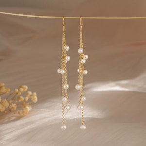 Gold Crystal And Pearl Long Dangle Earrings For Women - Screw Back
