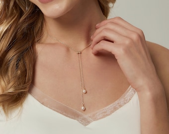 Minimalist Freshwater Pearl Lariat Necklace,Pearl Y Necklace,Gold Tassel Pearl Necklace,Choker Necklace,Bridal Necklace,Wedding Necklace