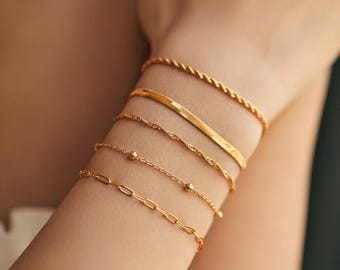 Pulseras chapadas en oro de 18 quilates, cadena de clip, cadena de espiga, cuerda, pulsera de cadena de serpiente, pulsera para uso diario, pulsera delicada, pulsera minimalista