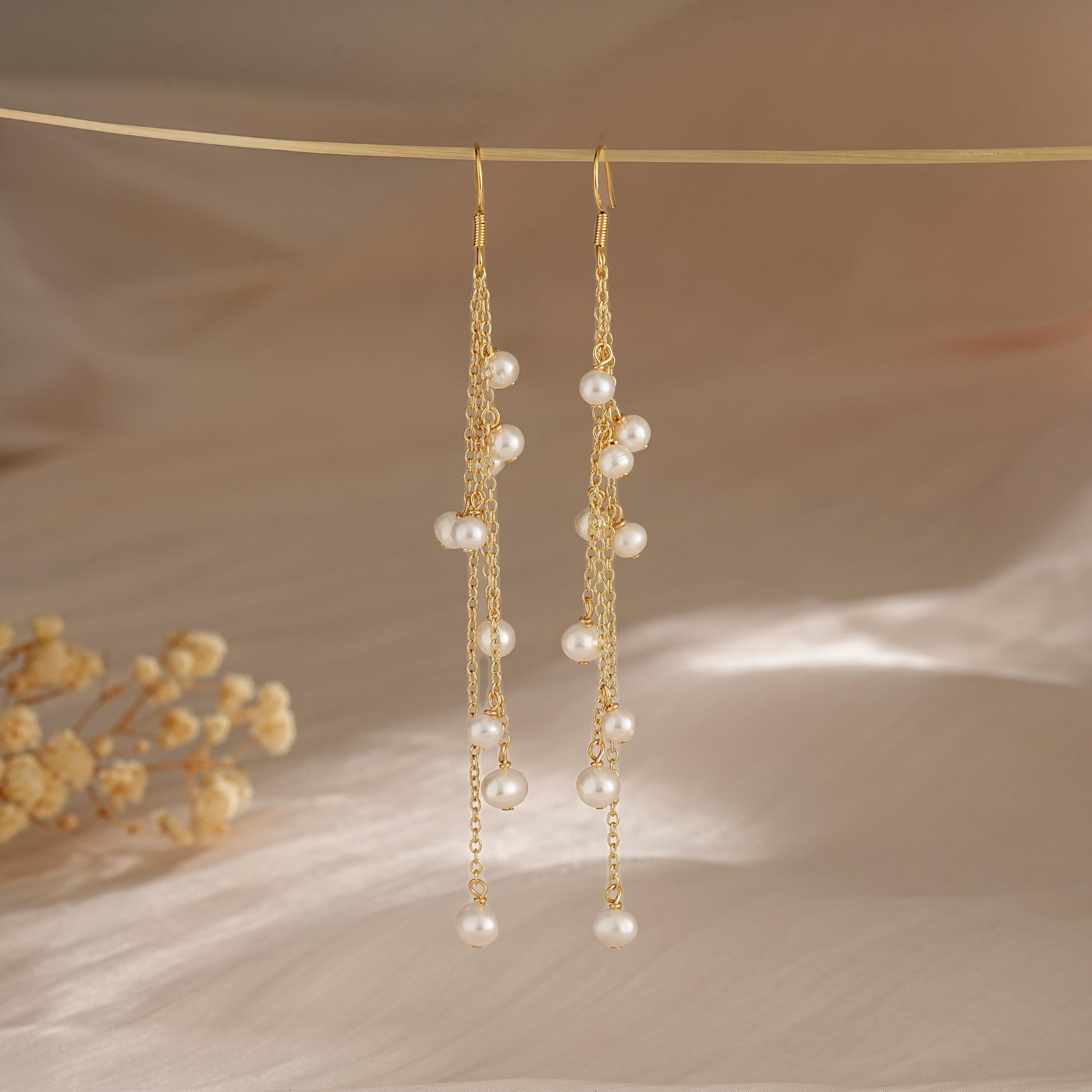 Natural Freshwater Pearl Tassel Earrings,Multiple Pearls Earrings,Gold Drop Earrings,Long Dangle Earrings,Pearl Necklace,Pearl Jewelry Set