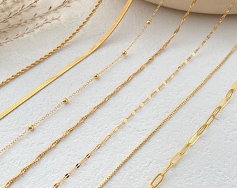 18 kt gold filled ketting, kralenketting, lip-chian, draaiketting, paperclipketting, visgraatketting, doosketting, touwketting, cadeau voor haar
