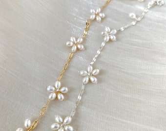 Freshwater Pearl Necklace,Silver Flower Charm Necklace,Daisy Choker Necklace,Pearl Bracelet,Bridal Necklace,Wedding Necklace,Pearl Jewelry