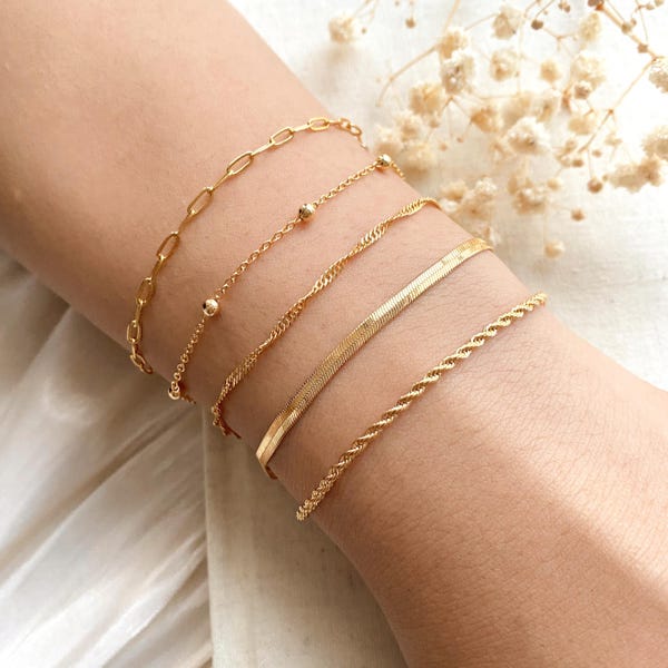 18 kt gold filled armbanden, paperclipketting, visgraatketting, touw, slangenkettingarmband, alledaagse armband, sierlijke armband, minimalistische armband