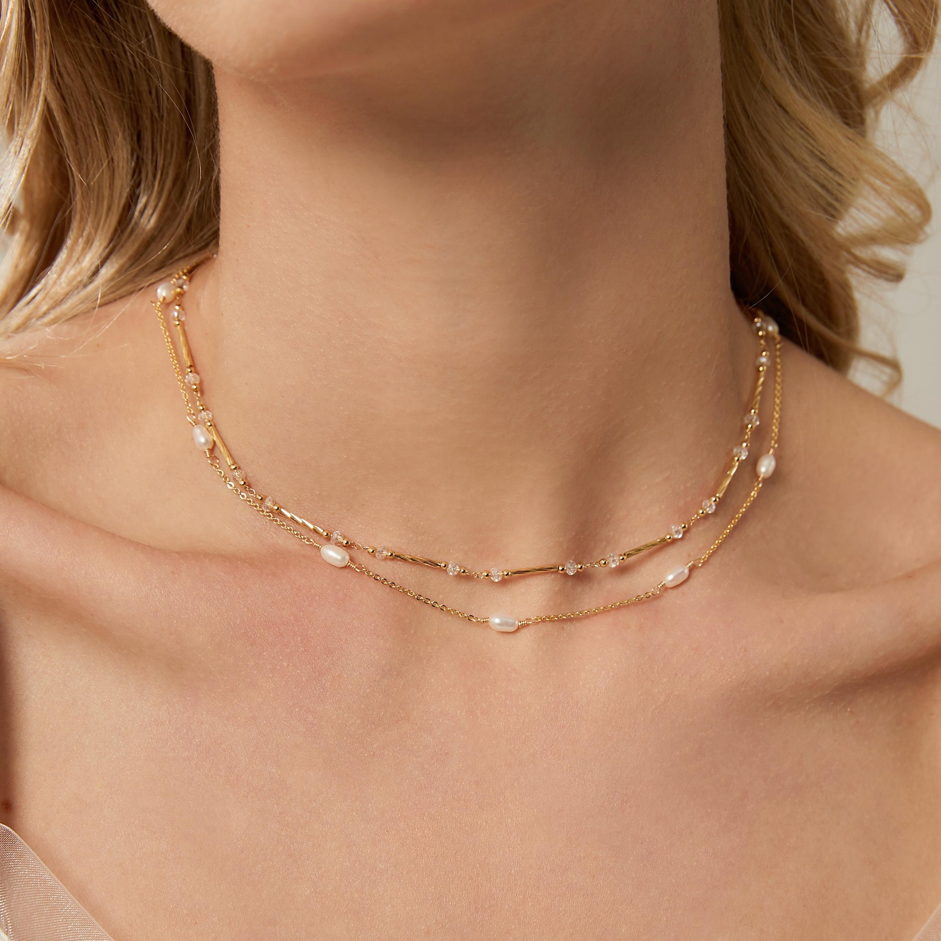 Double Layer Pearl Necklace Freshwater Pearl Necklace Gold Chain Necklace Bridal Necklace Wedding Jewelry Set Gift For Her Valentine s Gift