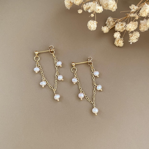Tiny Freshwater Pearl Earrings,gold Pearl Chain Earrings  display picture 1