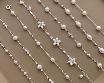 Dainty Natural Freshwater Pearl Bracelet,Pearl Beaded Bracelet,Flower Pearl Bracelet,Bridal Bracelet,Minimalist Silver Bracelet,Gift for Her