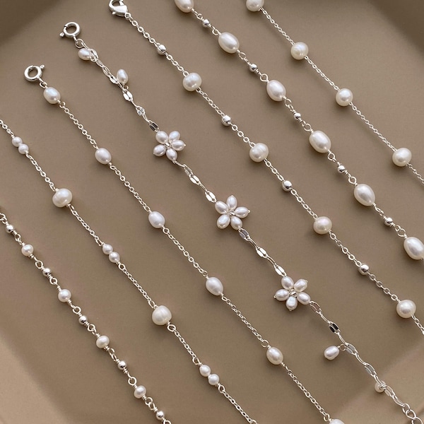 Dainty Natural Freshwater Pearl Bracelet,Pearl Beaded Bracelet,Flower Pearl Bracelet,Bridal Bracelet,Minimalist Silver Bracelet,Gift for Her