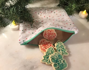 8”x8” Reusable Cloth Christmas Cookie Bag with Waterproof Food-Safe PUL Lining