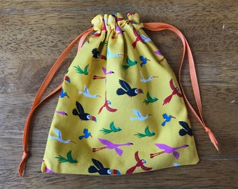 Cotton Bird Fabric Drawstring Pouch