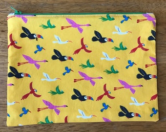 Lined Zippered Pouch With Cotton Bird-Themed Fabric and Green Vintage Coil Zipper - Portion of Proceeds Donated to Bird Rescue