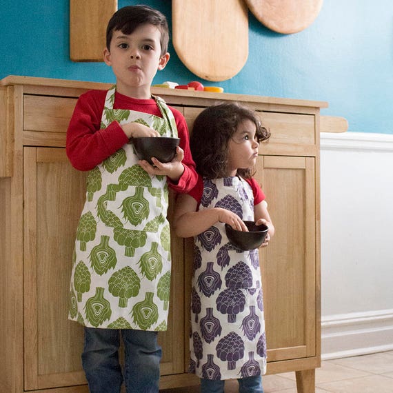 Organic Cotton Green and Purple Artichoke Printed Kids Aprons | Etsy