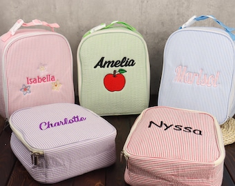 Gepersonaliseerde lunchtassen voor kinderen, op maat geborduurde lunchtassen, geïsoleerde lunchtas, Seersucker-lunchtas, kinderlunchtas met monogram