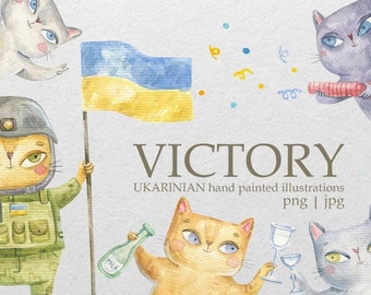 Ukraine Victory Cartoon Cats Collection – Painted Clipart, Transparent PNG/JPG, Patriotic Cats & Watermelons