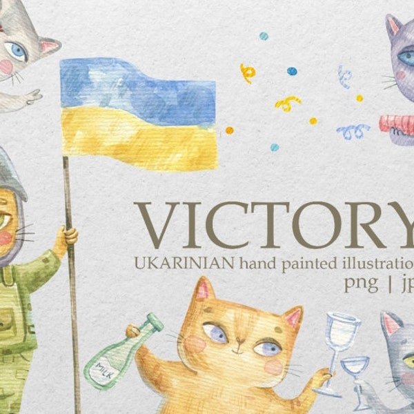 Ukraine Victory Cartoon Cats Collection – Painted Clipart, Transparent PNG/JPG, Patriotic Cats & Watermelons