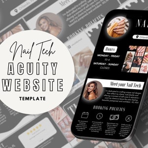 Könnte beinhalten: Ein schwarz-weißes Handy-Display zeigt eine Website für ein Nagelstudio namens "Nails by Nick". Die Website enthält die Öffnungszeiten des Salons, eine Beschreibung der Nageldesignerin und Buchungsrichtlinien. Das Handy befindet sich auf einem grauen Hintergrund mit anderen Bildern von Nägeln.