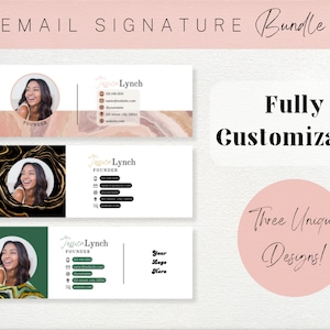 May include: Three customizable email signature templates featuring a woman's headshot and a marble background. The templates include a pink, black and gold, and green and gold marble design.