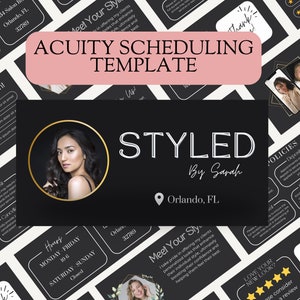 Könnte beinhalten: Schwarze und goldene stylische Visitenkarten mit dem Text "STYLED by Sarah" und "Orlando, FL". Die Karten haben einen schwarzen Hintergrund mit weißem Text und goldenen Akzenten. Die Karten enthalten Informationen über die Buchung von Terminen, Richtlinien, Öffnungszeiten und eine Dankesbotschaft.