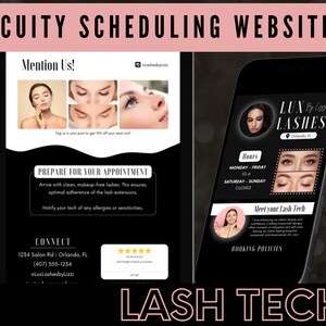 Könnte beinhalten: Ein Schwarzweißbild eines Telefonbildschirms, auf dem eine Unternehmenswebsite für eine Wimpernstylistin angezeigt wird. Die Website enthält den Firmennamen "LUX By LASHES", die Geschäftszeiten und eine Buchungsrichtlinie. Die Website enthält auch ein Foto der Wimpernstylistin und eine Beschreibung ihrer Dienstleistungen.
