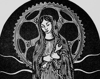 Madonna del Ghisallo, patron saint of bicycling linocut