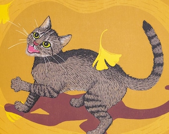 Ginkgo Cat linocut