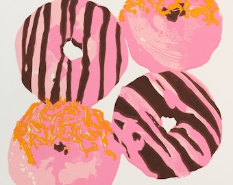 Donuts Linocut Print, Pink Frosted Doughnuts Art