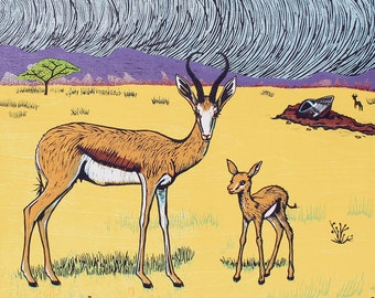 Springboks and UFO Woodcut
