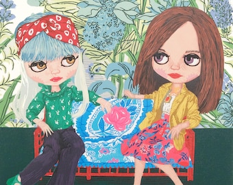 Dolls Conversing linocut
