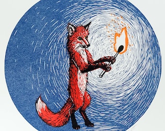 Fox and Flame linocut relief print