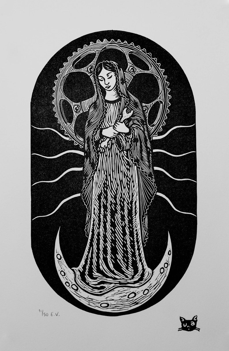 Madonna del Ghisallo, patron saint of bicycling linocut image 1