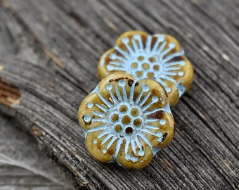 Czech Glass Beads - Picasso Beads - Flower Beads - Czech Glass Flowers - Wildflower Beads - 18mm Flower - 2pcs - (798)