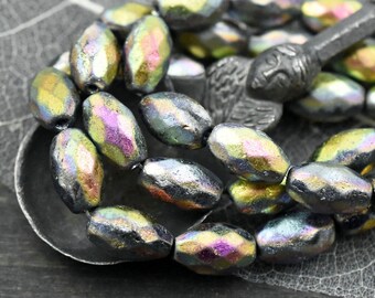 Czech Glass Beads - Etched Beads - Metallic Beads - Silver Beads - Fire Polished Beads - Oval Beads - 12x8mm - 12pcs (1989)