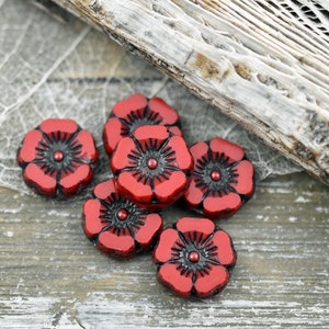 Czech Glass Beads Hawaiian Flower Beads 12mm Red Flower Beads Picasso Beads Red Hawaiian Flower 12pcs A39 image 1