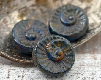 Picasso Beads - Czech Glass Beads - Fossil Beads - Ammonite Beads - Fossil Snail - Shell Beads - 19mm - 4pcs (A649)