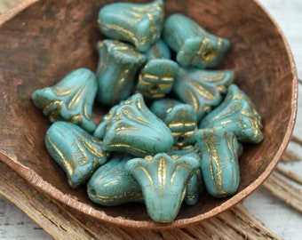 Flower Beads - Czech Glass Beads - Lily Flower Beads - Tulip Beads - Picasso Beads - Vintage Style - 10x9mm - 10pcs - (A195)