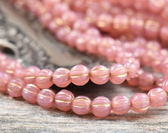 Melon Beads - Czech Glass Beads - Fluted Beads - Round Beads - Pink Beads - Picasso Beads - 4mm - 50pcs - (4095)