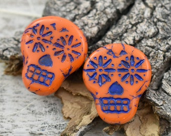 Czech Glass Beads - Sugar Skull Beads - Czech Sugar Skull - Picasso Beads - 4pcs - 20x17mm - (4736)