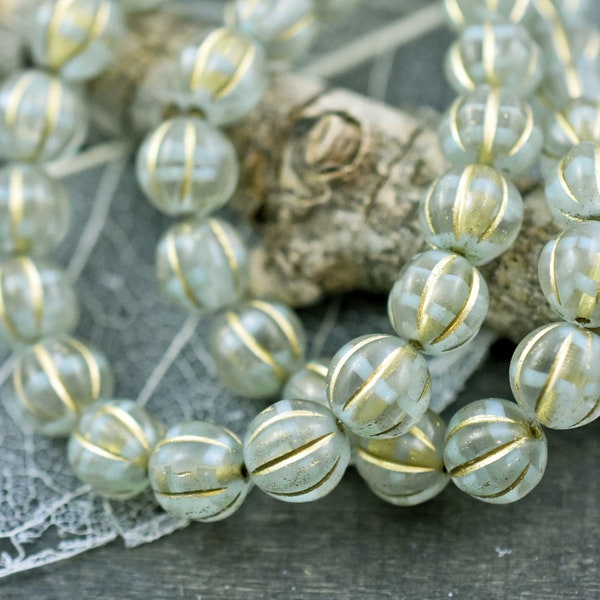 Czech Glass Beads - Melon Beads - Picasso Beads - 8mm Beads - Melon Beads - Round Beads - (B375)