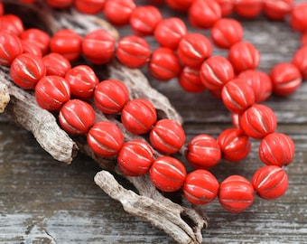 Melon Beads - Round Beads - Czech Glass Beads - Fluted Round - Picasso Beads - Coral Orange - 25pcs - 6mm - (4770)
