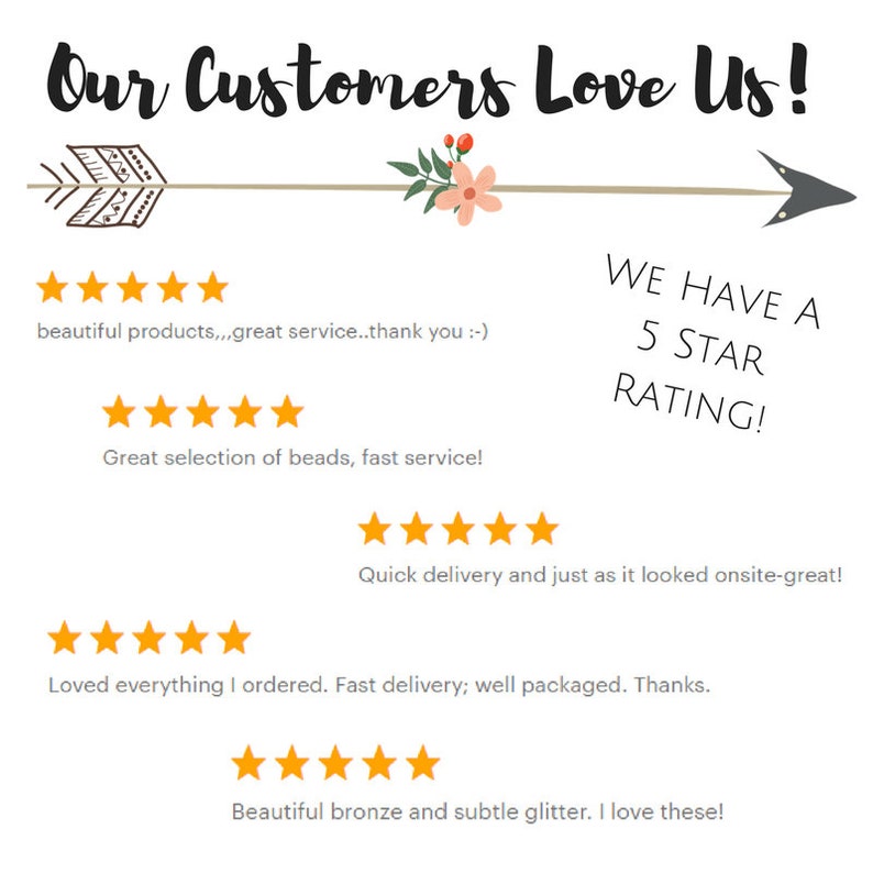 May include: Five star customer reviews for a business selling beads. The reviews highlight the quality of the products, fast service, and positive customer experience. The text reads "Our Customers Love Us!" and "WE HAVE A 5 STAR RATING!"