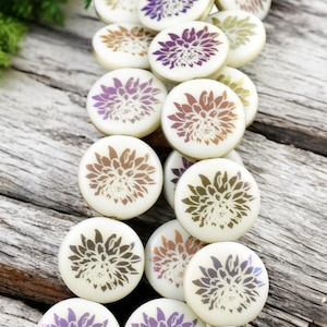 Czech Glass Beads - Dahlia Flower Beads - Floral Beads - Focal Beads - Laser Etched Beads - Coin Beads - 17mm - 8pcs - (B327)