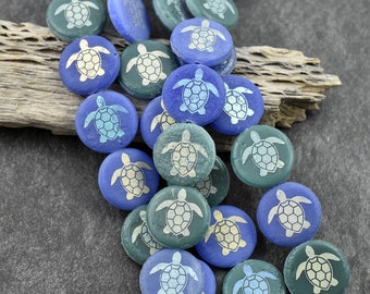 Turtle Beads - Czech Glass Beads - Laser Etched Beads - Sealife Beads - Laser Tattoo Beads - 16mm - 8pcs - (317)