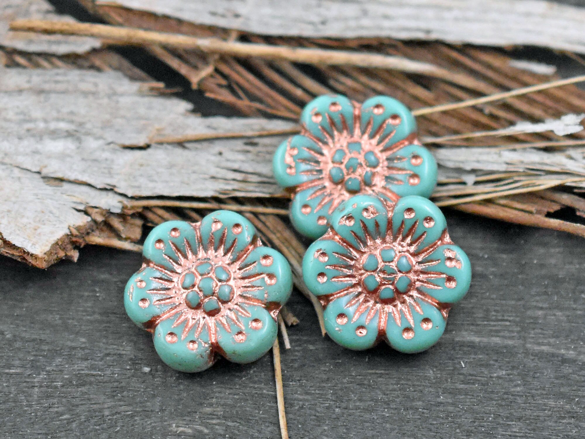 *15* 16x12mm Silver Washed Matte Aqua Top Drilled Dogwood Leaf Beads Czech Glass Beads by GR8BEADS - The Bead Obsession