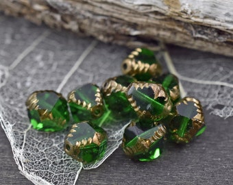 Czech Glass Beads - Emerald Green Beads - Christmas Beads - Bicone Beads - Faceted Beads - 10x8mm - 15pcs - (4445)