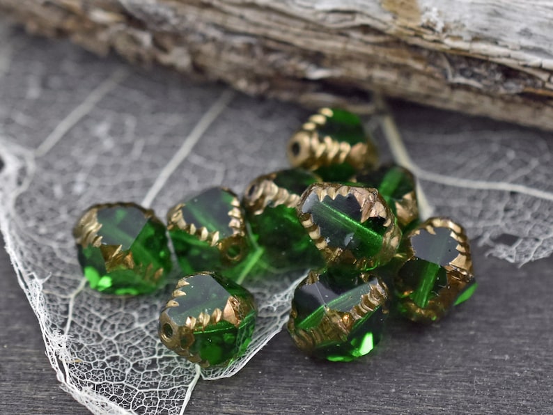 Czech Glass Beads Emerald Green Beads Christmas Beads Bicone Beads Faceted Beads 10x8mm 15pcs 4445 image 1