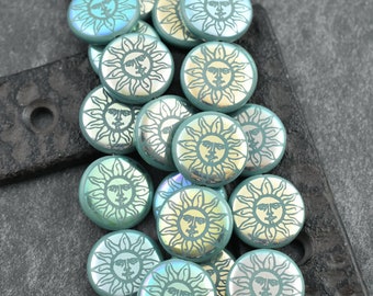 Czech Glass Beads - Sun Beads - Focal Beads - Celestial Beads - Laser Etched Beads - Coin Beads - 17mm - 8pcs - (5251)