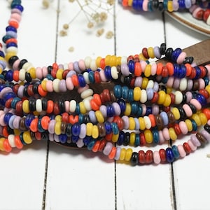 May include: Strands of colorful, small, round beads in various colors including red, blue, yellow, pink, and white. The beads are arranged on a white wooden surface, suggesting a craft or jewelry-making theme.