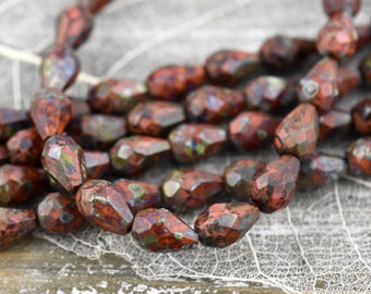 Picasso Beads - Czech Glass Beads - Teardrop Beads - Vintage Czech Glass - Travertine Beads - 21pcs - 7x9mm - (4197)