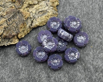 Picasso Beads - Czech Glass Beads - Czech Glass Flowers - 7mm Flower Beads - Purple Flower Beads - 12pcs - (3888)